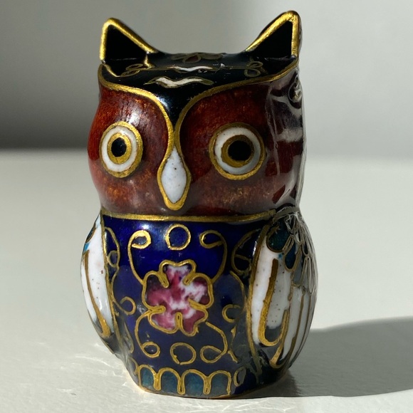 Vintage 1970s Multicolor Mini Cloisonné Owl Figurine